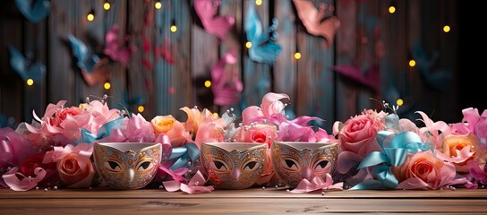 Obraz premium A collection of colorful Venetian masks and golden goblets, evoking a festive and mysterious masquerade ambiance.