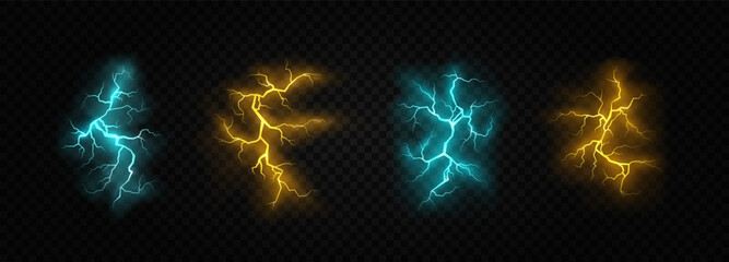 Zippers of various colors. The effect of lightning and lighting, set of lightning. Electric thunderbolt strike.