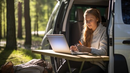 Female freelancer sits on ground in forest working online on modern laptop against travel car. Remote profession with convenient facilities and flexible schedule to complete tasks.