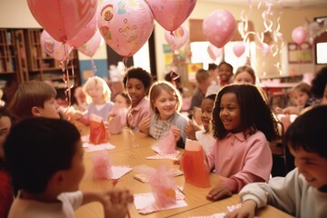 a classroom where children are excitedly exchanging handmade Valentine's cards