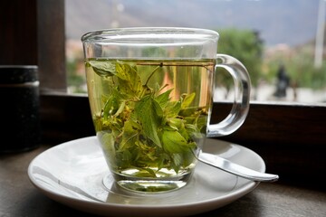 Cup of Green Coca Tea in a clear glass cup on a saucer with a spoon. 