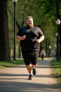 Plump man in sportswear at jogging workout on asphalt path in park in sunny weather. Fat man Improves physical health burning fat with thirst to lose weight. Vertical photo.