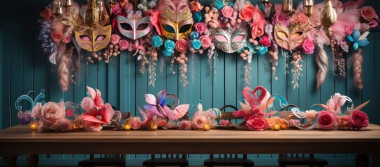 A collection of colorful Venetian masks and golden goblets, evoking a festive and mysterious masquerade ambiance.