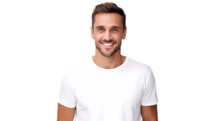 Male model wearing T-shirt on transparent background, white background, isolated, icon material, commercial photography