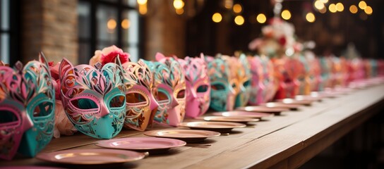 A collection of colorful Venetian masks and golden goblets, evoking a festive and mysterious masquerade ambiance. - obrazy, fototapety, plakaty