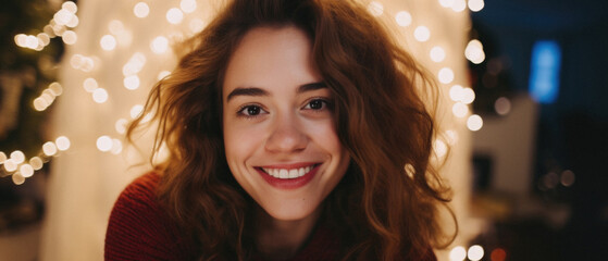 Fototapeta premium Smiling young woman looking at camera in living room decorated for Christmas.