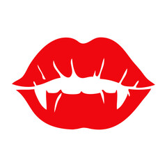 Labios de vampiro. Logo con silueta de labios de mujer con colmillos en espacio negativo para su uso en invitaciones y tarjetas de Halloween