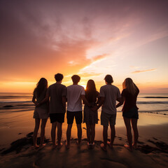 Friends silhouette holding each other and watching a sunset 