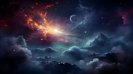 Fototapeta na wymiar Mesmerizing space scene with vibrant galaxy cloud nebula. Fantasy scene. Ai generated