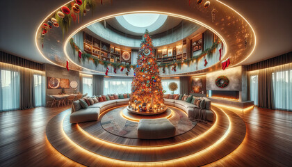 Obraz premium A spacious living room transformed into a festive Christmas haven, offering a distinct layout. The centerpiece is a large, circular Christmas tree