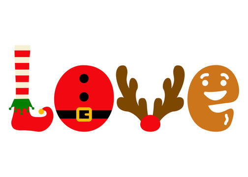 Tiempo de Navidad. Logo con palabra Love con piernas con medias y botas de elfo, traje de Santa Claus, astas y hocico de reno Rudolph y pan de jengibre con forma de letras