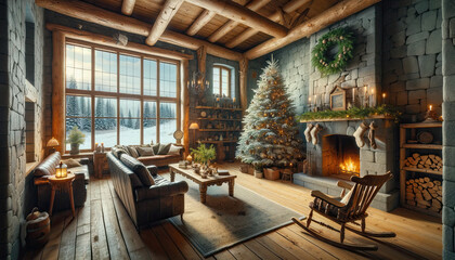 A rustic living room transformed for Christmas, offering a novel layout. The main feature is a large, floor-to-ceiling Christmas tree made of natural