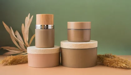 Foto op Plexiglas contenitori makeup e skincare bio ecologico marroni su sfondo verde a tinta unita generato con ai © Francesca