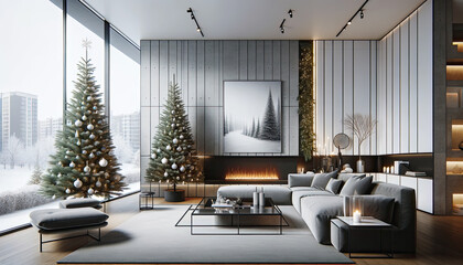 A contemporary living room designed for a festive Christmas, featuring a distinctive layout. In this design, a slender, vertically oriented Christmas - obrazy, fototapety, plakaty