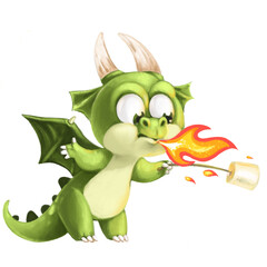 Cute cartoon green Dragon roasts marshmallows on his fire on a white background