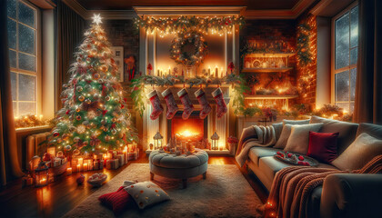 Fototapeta na wymiar A cozy living room decorated for Christmas, featuring a sparkling Christmas tree adorned with lights and ornaments, a fireplace with glowing embers