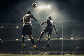 Two soccer players are caught mid-air while engaging in an intense aerial duel for a corner kick, the floodlights of the stadium illuminating the scene - obrazy, fototapety, plakaty