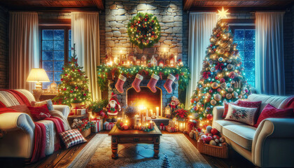 Fototapeta na wymiar A charming living room beautifully decorated for Christmas. The setting includes a majestic Christmas tree covered in twinkling lights and colorful scene