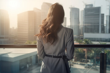 Rear view of asian business woman standing on modern terrace soft light photography