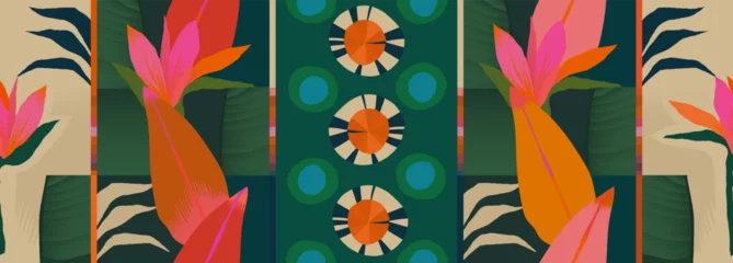 Gardinen Modern tropical floral geometric ornament print. Botanical abstract contemporary seamless pattern. Hand drawn unique print. © Irina
