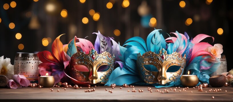 A collection of colorful Venetian masks and golden goblets, evoking a festive and mysterious masquerade ambiance.