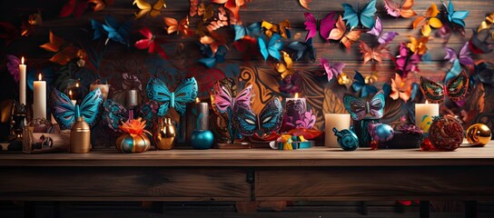A collection of colorful Venetian masks and golden goblets, evoking a festive and mysterious masquerade ambiance.