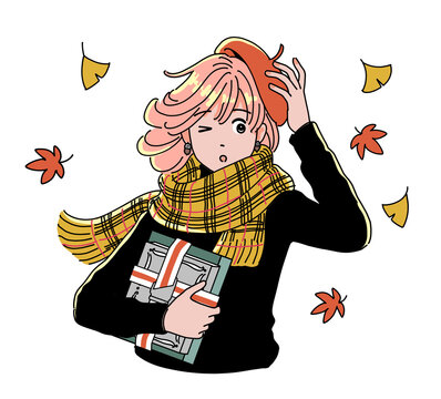 秋風に驚くレトロポップな女の子