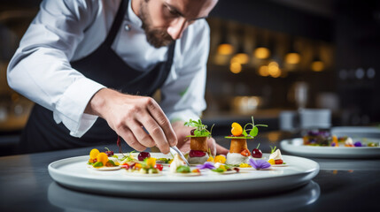 Healthy and delicious food on white plate at luxury restaurant. Chef making and decoration food of eatables flowers. Beautiful food on plate in michelin star restaurant - obrazy, fototapety, plakaty