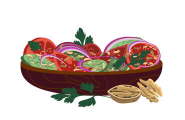 Tomato and cucumber salad with walnut sauce,herbs.Vegetable salad.Basil,oregano spice isolated , white background.Healthy vegetarian food.Vector illustration for postcard,banner,poster,web design,menu