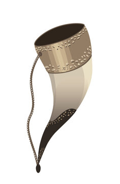 Wine drinking horn for alcoholic drinks, spirits. Souvenir horn for alcoholic beverages on a chain isolated on a white background. The edges of the horn inlaid with metal