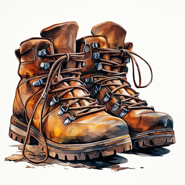 brown leather hiking boots on white clip art preview