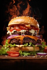 Burger in fire on a wooden table