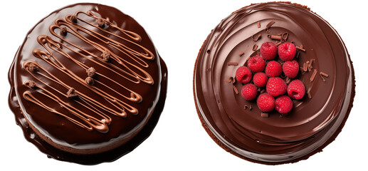 Chocolate cake bundle, top view, isolated on white background, food collection