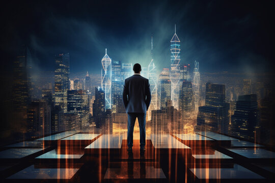 Rear view of businessman standing on bar chart and looking at city with creative double exposure effect, Concept of career ladder and investment, soft light photography