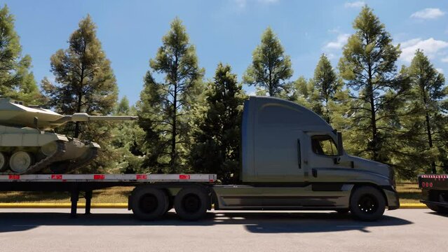 Moving alongside a convoy of military armored tanks on the back of flatbed trucks, waiting along the roadside for clearance to proceed.