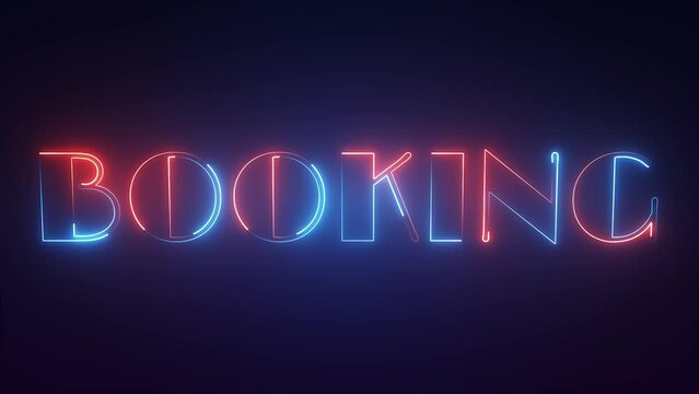 neon light booking text animated on dark background