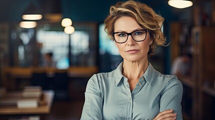 a stern frowning mature female office manager with arms crossed , generated by AI - Powered by Adobe