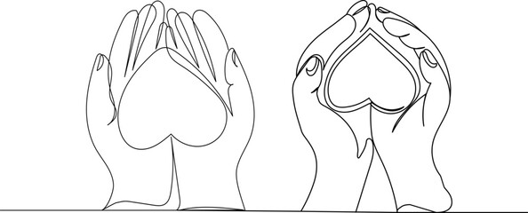 hands holding hearts continuous line drawing on white background vector