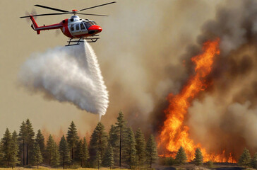 Fire department helicopter extinguishes forest fire - obrazy, fototapety, plakaty