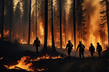 Firefighters team in burning forest