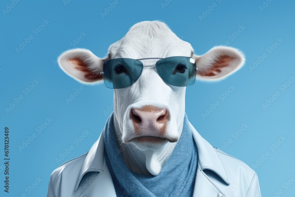 Aufkleber A picture of a cow wearing sunglasses and a scarf. This fun and quirky image can be used in various projects and designs