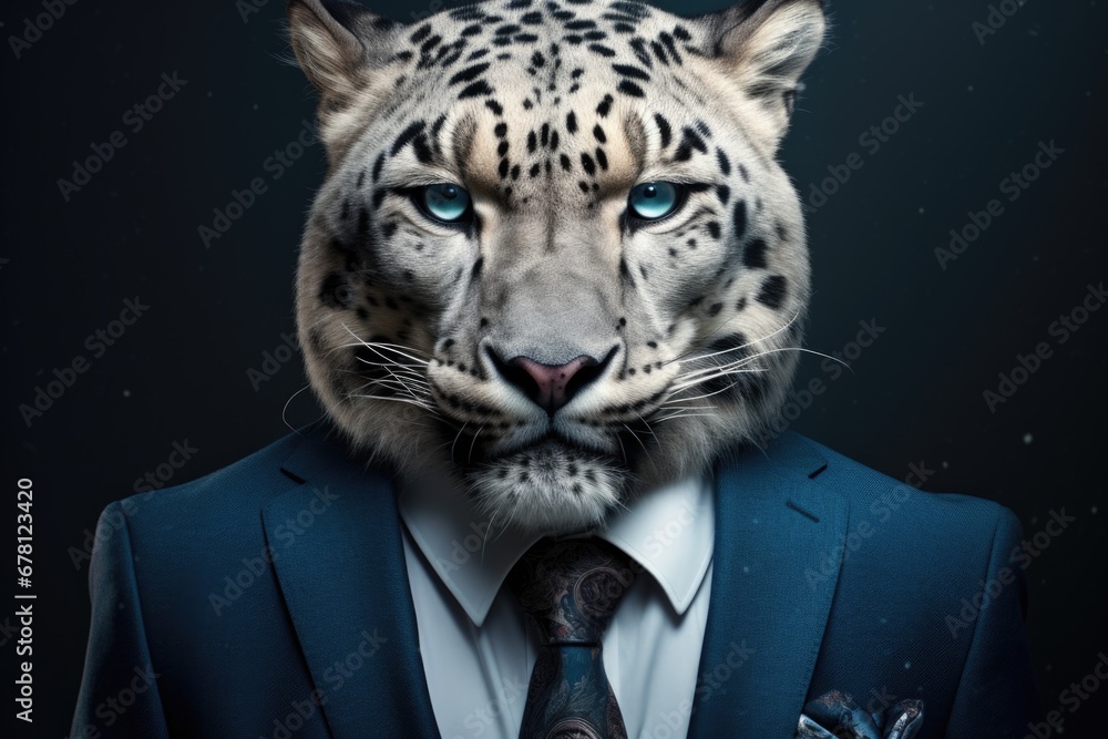 Poster a picture of a man wearing a suit and tie with a snow leopard perched on his head. this unique image