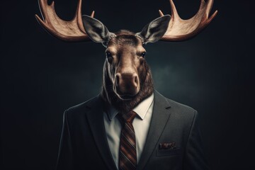 A man wearing a suit and a moose's head as a mask. This image can be used for creative projects or as a humorous representation of someone in disguise - obrazy, fototapety, plakaty
