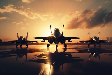 A group of fighter jets sitting on top of a tarmac. Can be used to depict military aircraft, air force, aviation, or defense. - Powered by Adobe