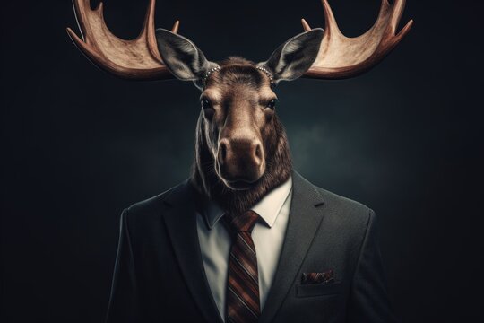 A man wearing a suit and a moose's head as a mask. This image can be used for creative projects or as a humorous representation of someone in disguise