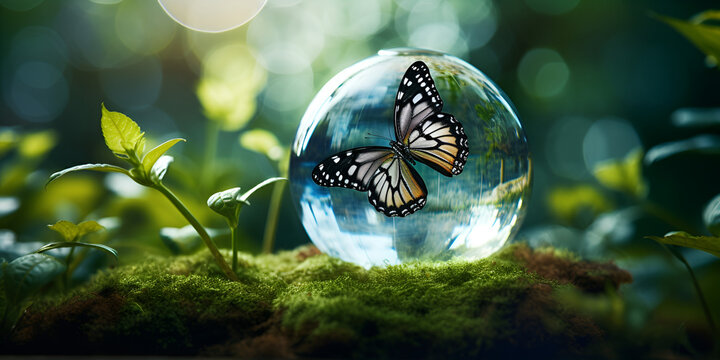 Geography HD wall paper Stock Photographic image Ecology concept Card for World Earth Day a butterfly in a globe and in a garden with blured green background with sun light Ai Generative