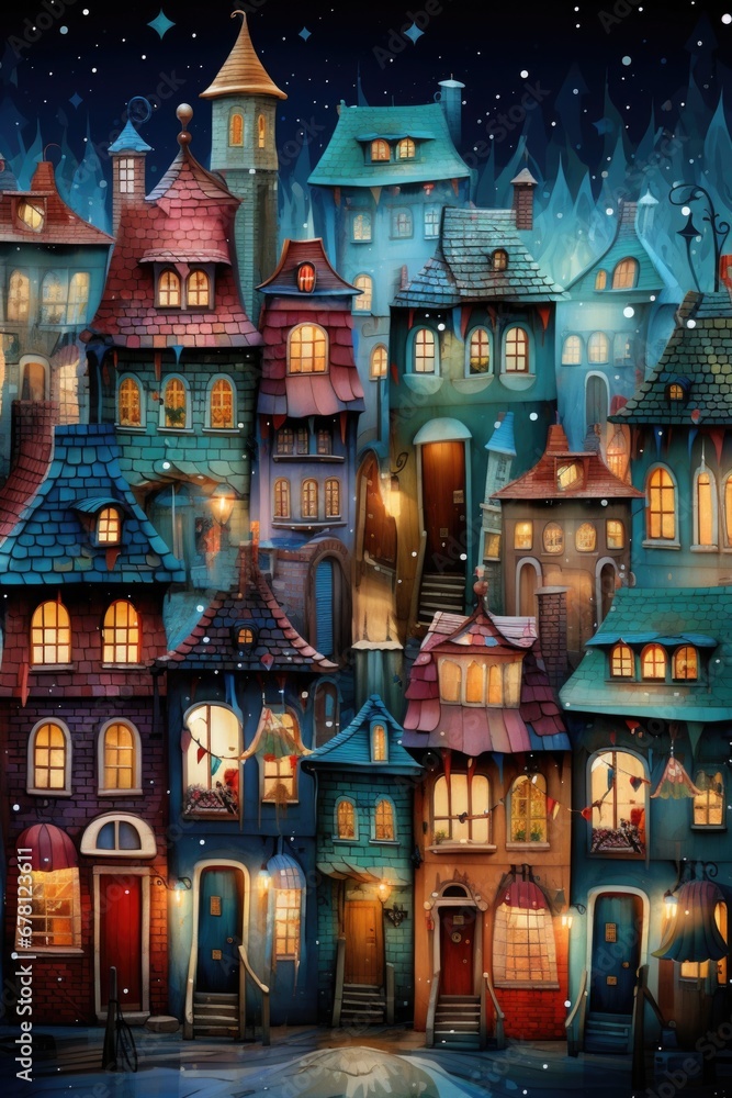 Aufkleber a captivating painting depicting a serene town at night. perfect for adding a touch of tranquility t