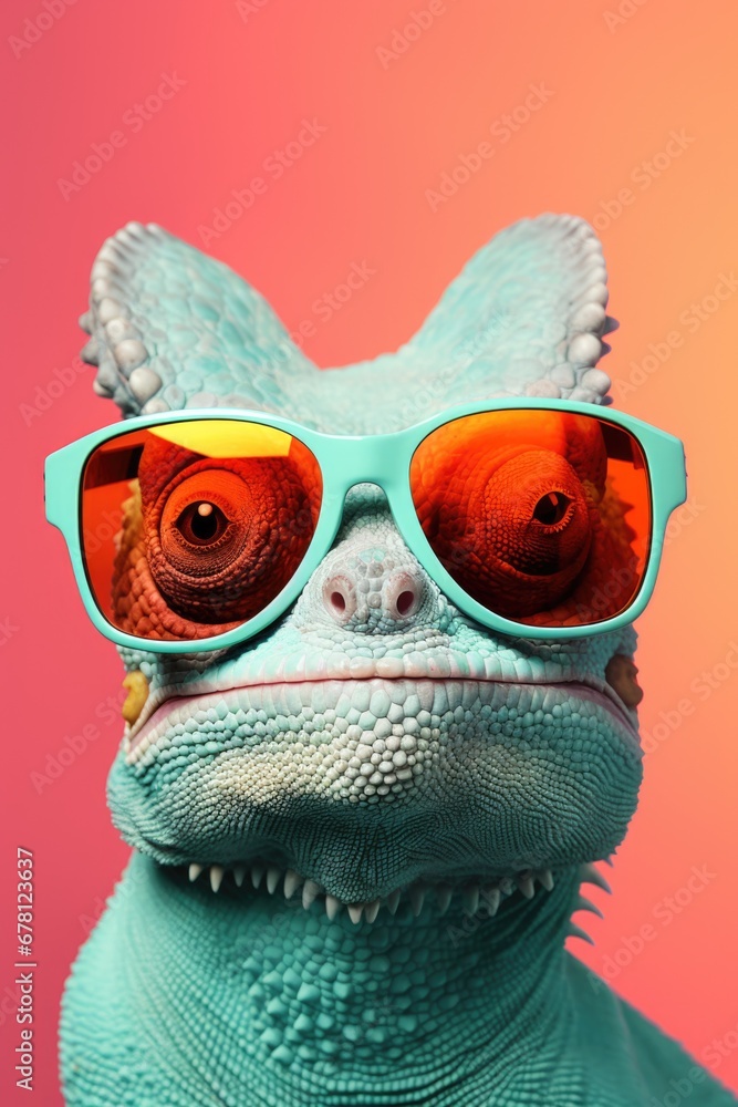 Poster A cool and stylish chameleon lizard wearing sunglasses is captured on a vibrant pink background. This image can be used to add a fun and unique touch to various designs and projects.