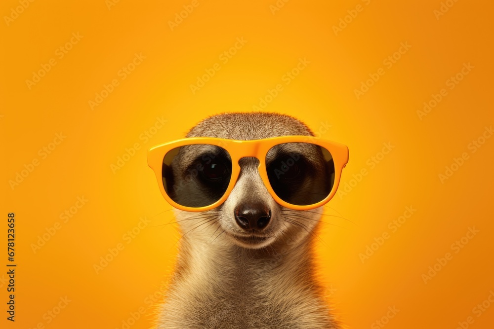 Poster a meerkat wearing sunglasses stands out against an orange background. this image can be used to add 