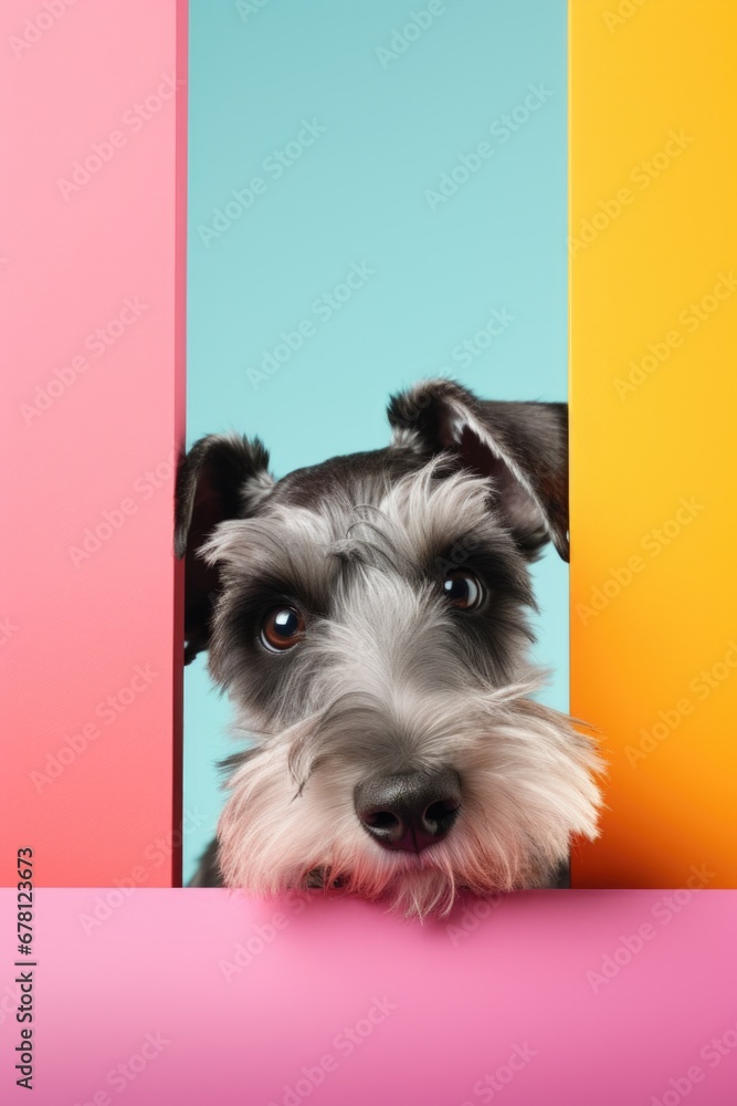 Poster a dog peeks out from behind a vibrant and eye-catching wall. perfect for adding a playful touch to a
